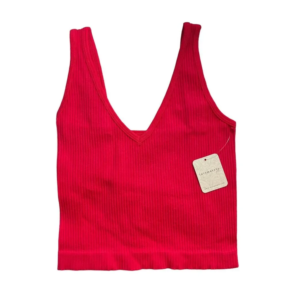 Free People Cropped Tank Brami Cherry Red Solid Rib Longline Cami New‎ XS/S